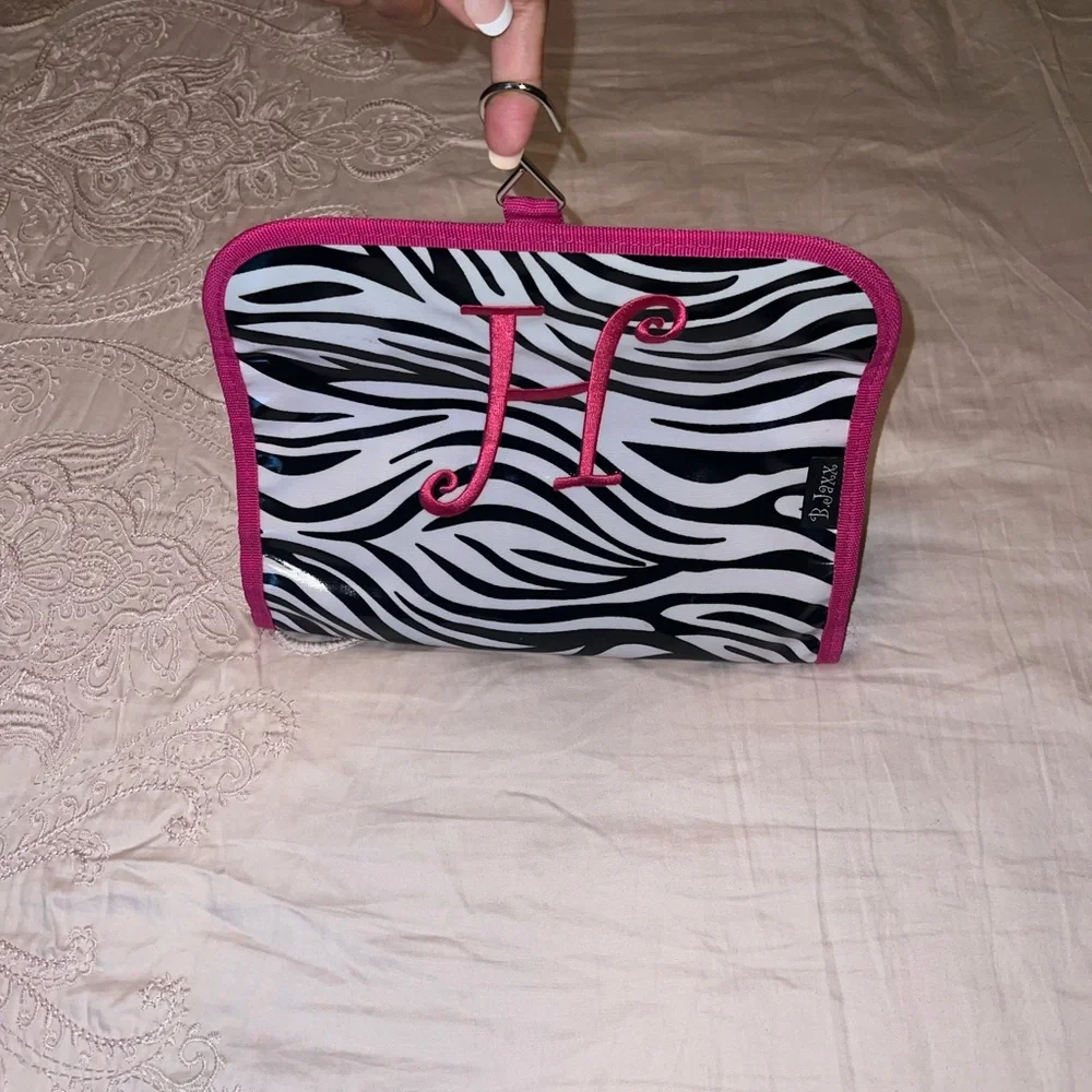B Jaxx Embroidered “H” Zebra Print Toiletry Makeup Bag Travel Cosmetic Case